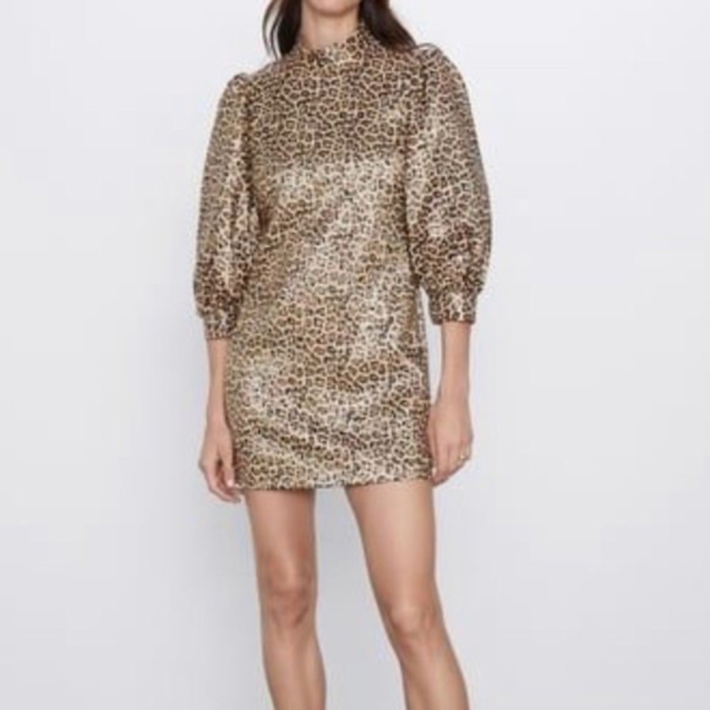 Zara Animal Print Leopard Puff Sleeve Mini Dress S Retro 60’s Mod